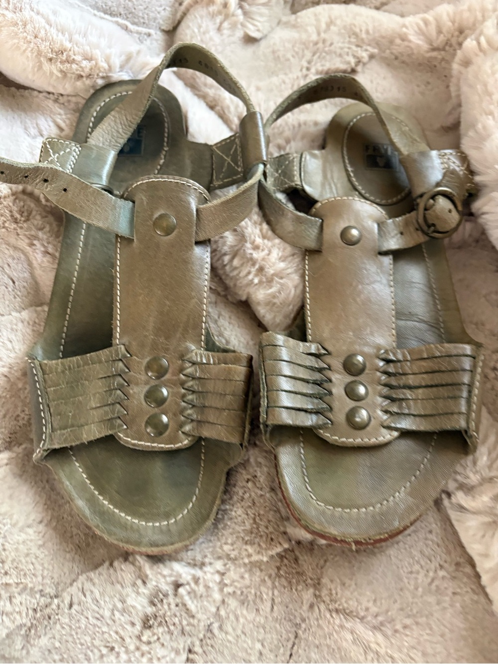 FRYE Olive Green Leather Fringe Strap Sandals